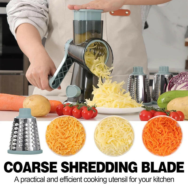 3-in-1 Rotary Cheese Grater & Vegetable Slicer – Manual Shredder for Cheese, Veggies, Nuts, and More